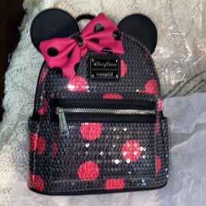 2020 Disney Parks Loungefly Minnie Mouse Pink Sequin Polka Dot Mini Backpack NWT
